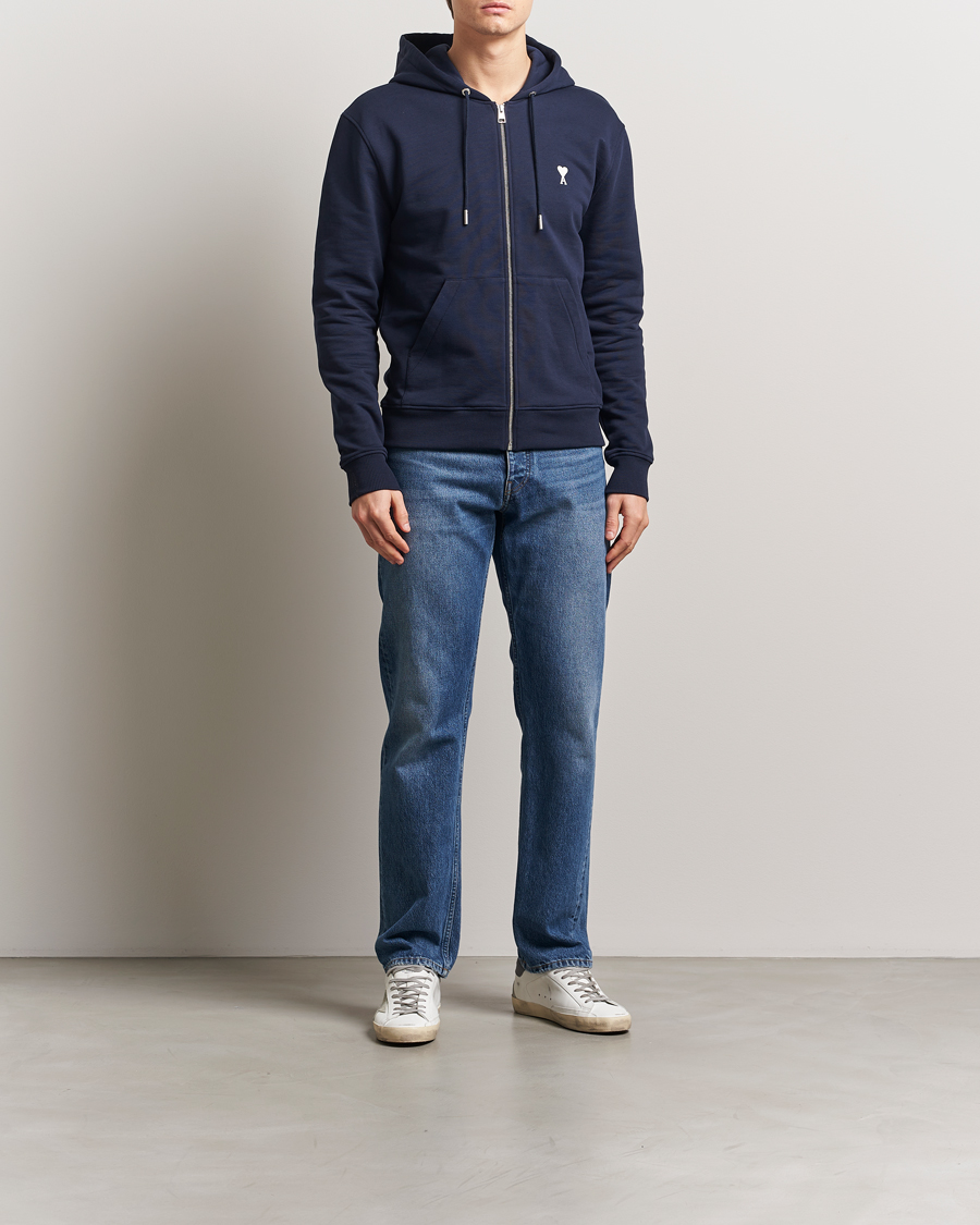 Herr | Tröjor | AMI | Off White Heart Logo Full Zip Hoodie Night Blue