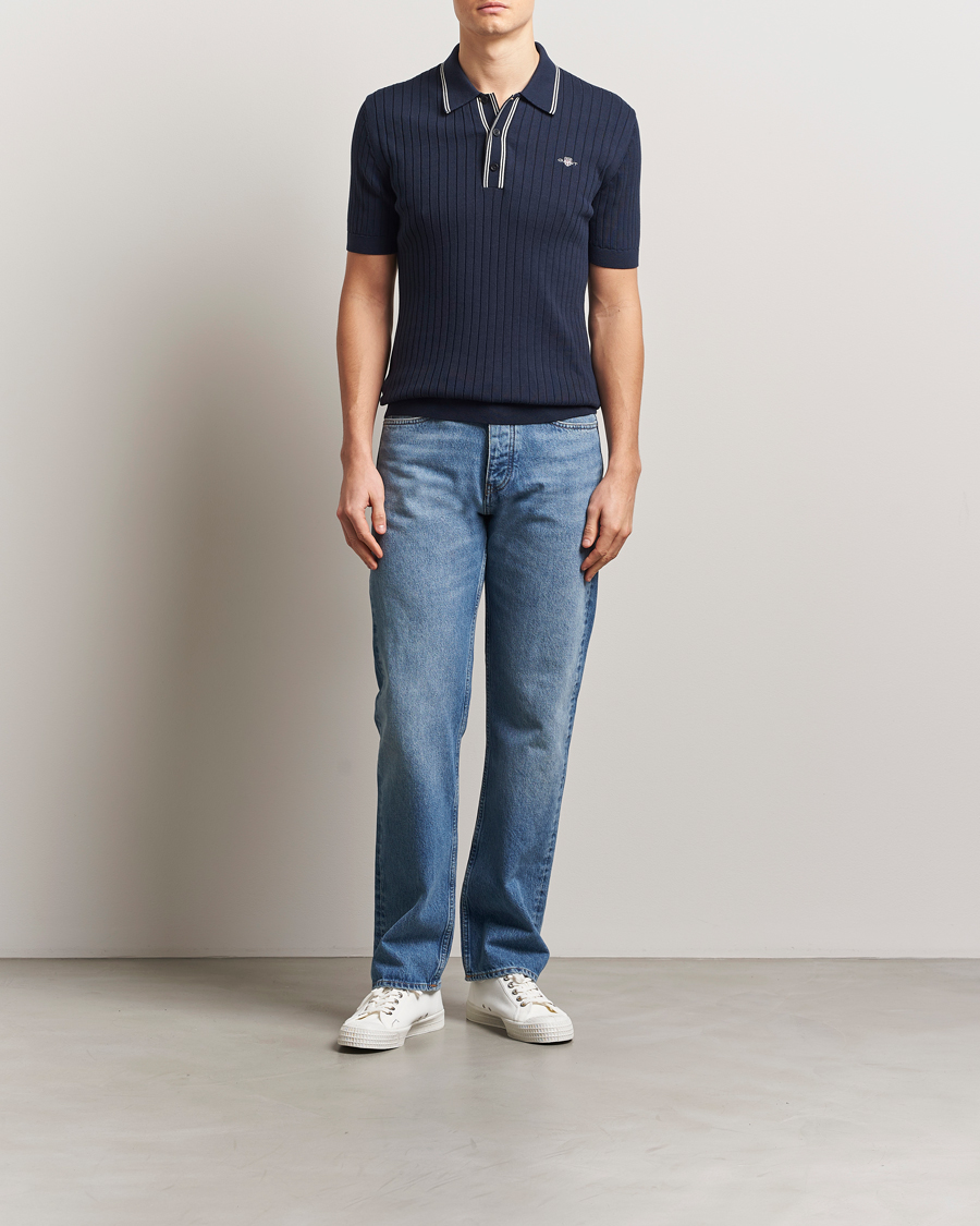 Herr | Pikéer | GANT | Ribbed Cotton Knitted Polo Evening Blue