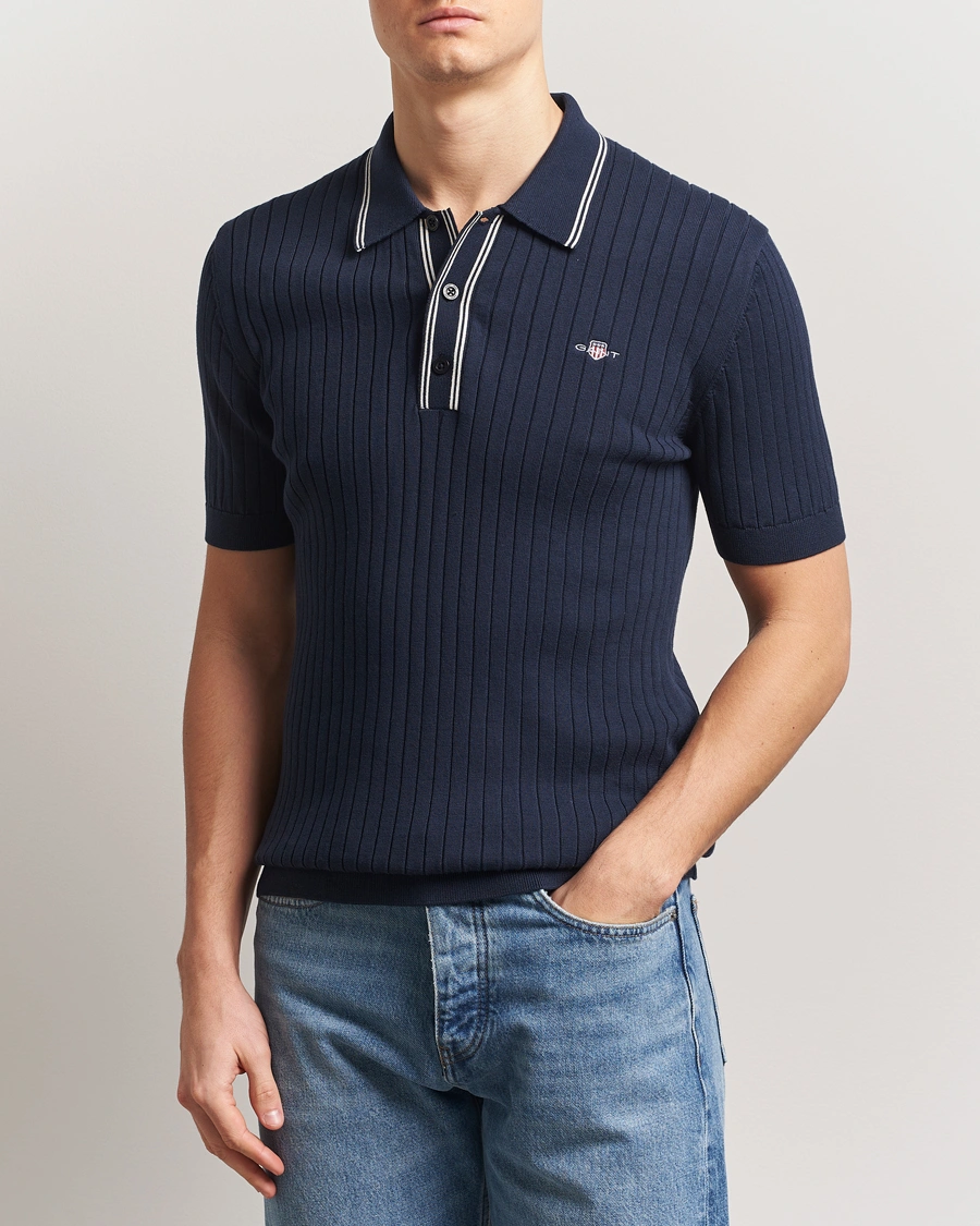 Herr | Pikéer | GANT | Ribbed Cotton Knitted Polo Evening Blue