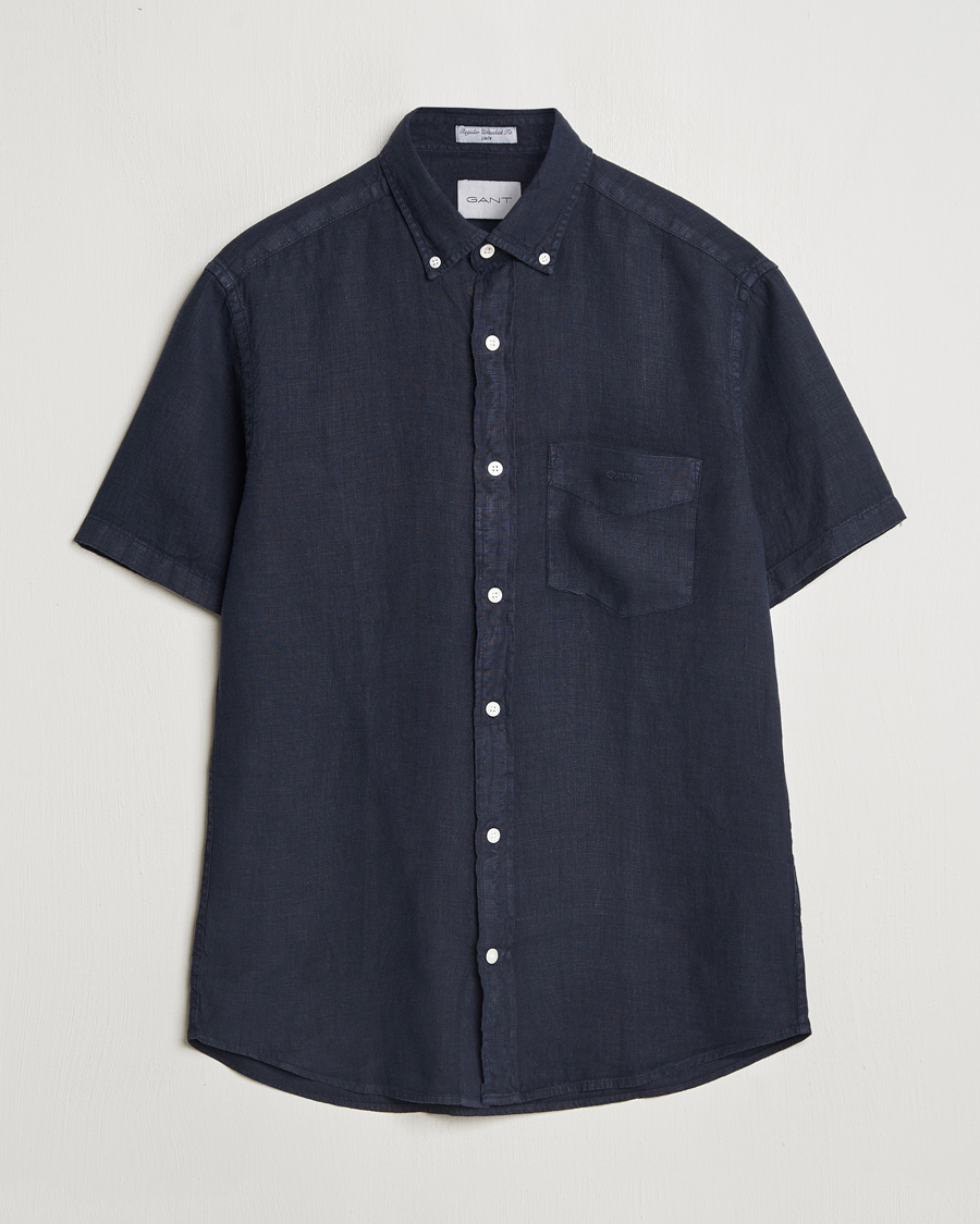 Herr | Skjortor | Gant | Regular Fit Garment Dyed Short Sleeve Linen Shirt Evening Blue