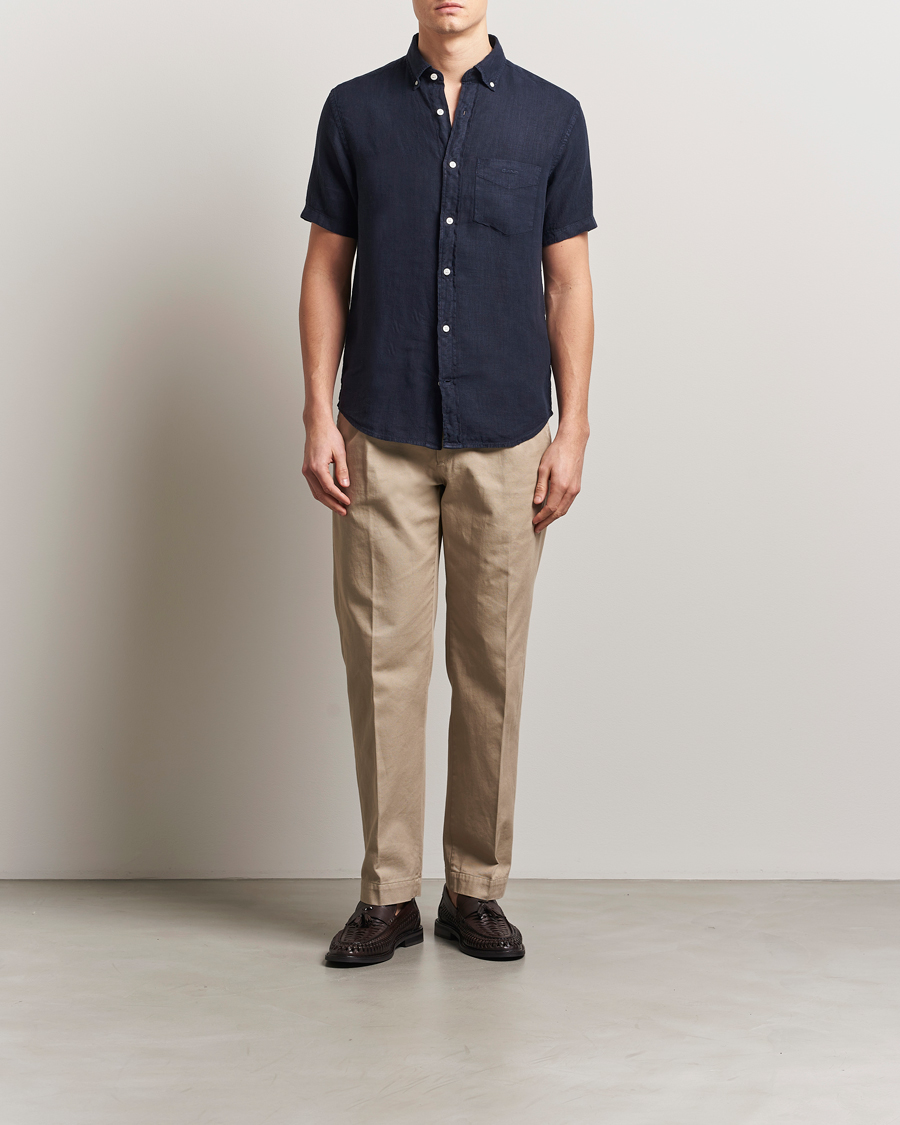 Herr | Skjortor | Gant | Regular Fit Garment Dyed Short Sleeve Linen Shirt Evening Blue