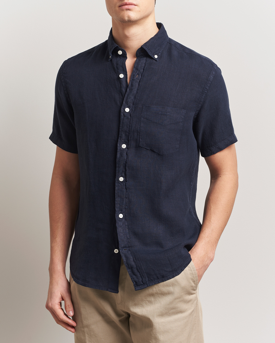 Herr | Skjortor | Gant | Regular Fit Garment Dyed Short Sleeve Linen Shirt Evening Blue