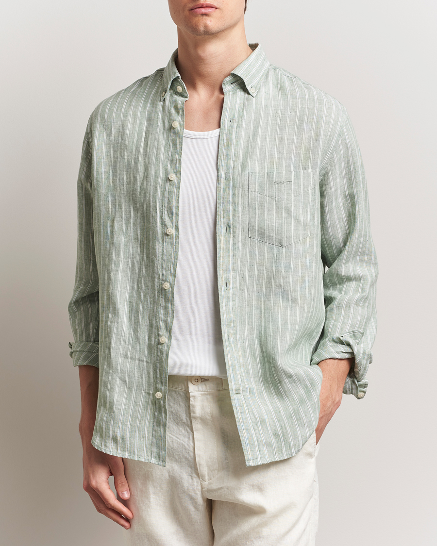 Herr | Skjortor | GANT | Regular Fit Linen Striped Shirt Kalamata Green