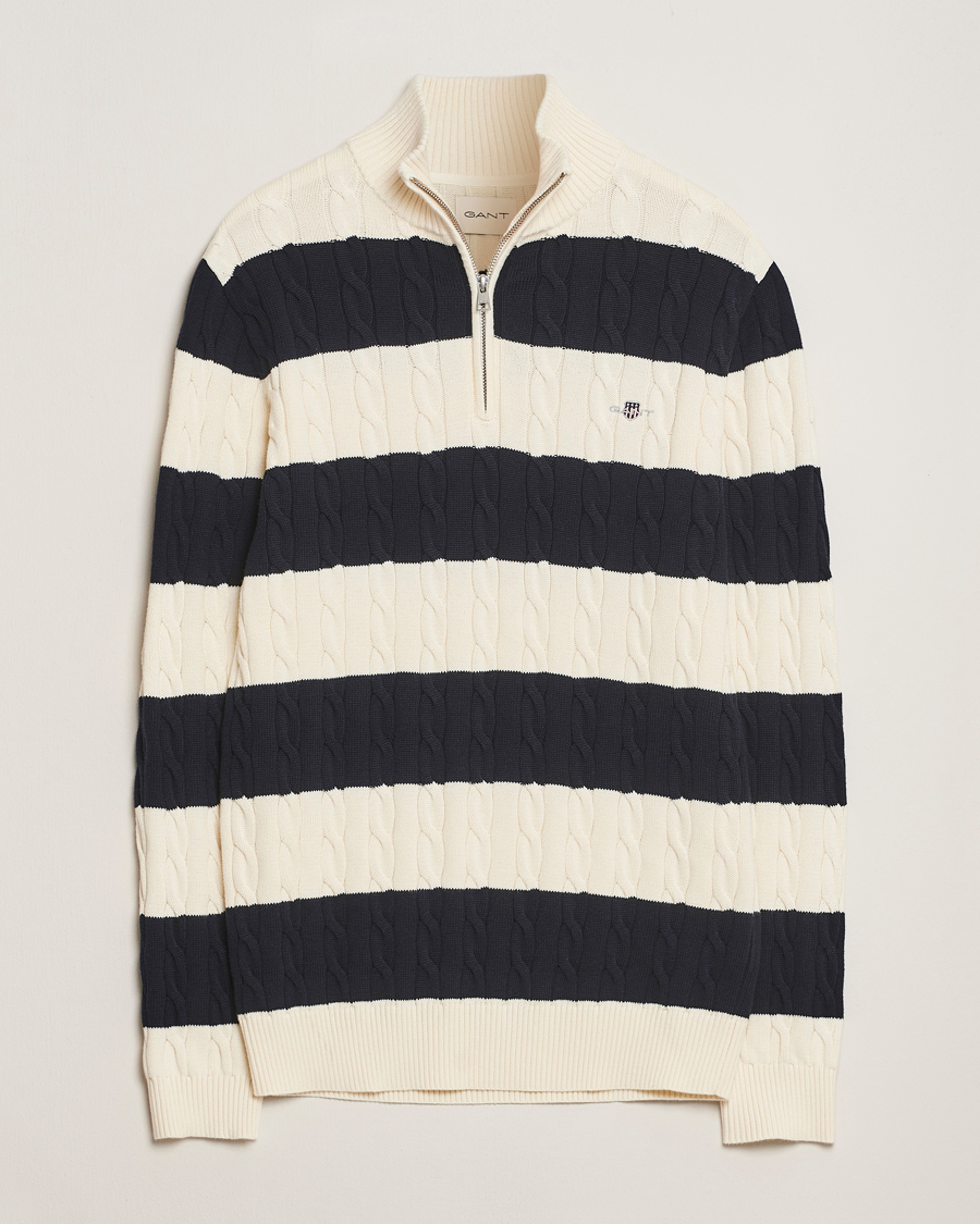 Herr | Tröjor | GANT | Cotton Striped Cable Half Zip Evening Blue