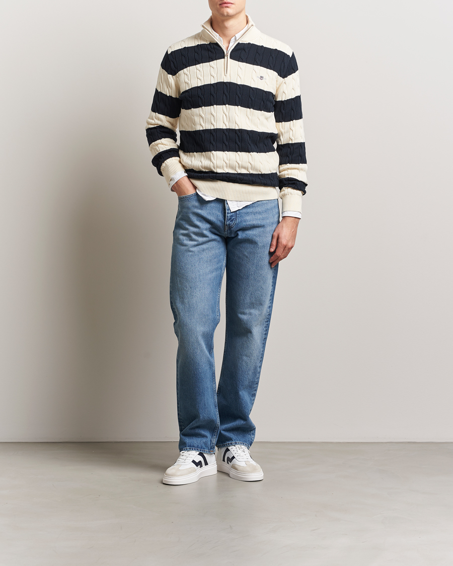 Herr | Tröjor | GANT | Cotton Striped Cable Half Zip Evening Blue