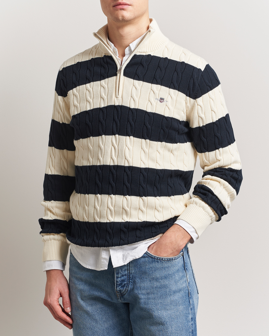 Herr | Tröjor | GANT | Cotton Striped Cable Half Zip Evening Blue