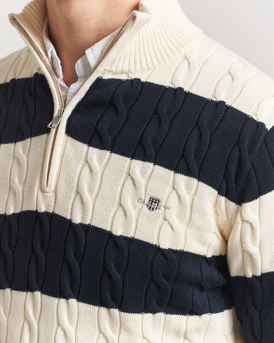 Herr | Tröjor | GANT | Cotton Striped Cable Half Zip Evening Blue