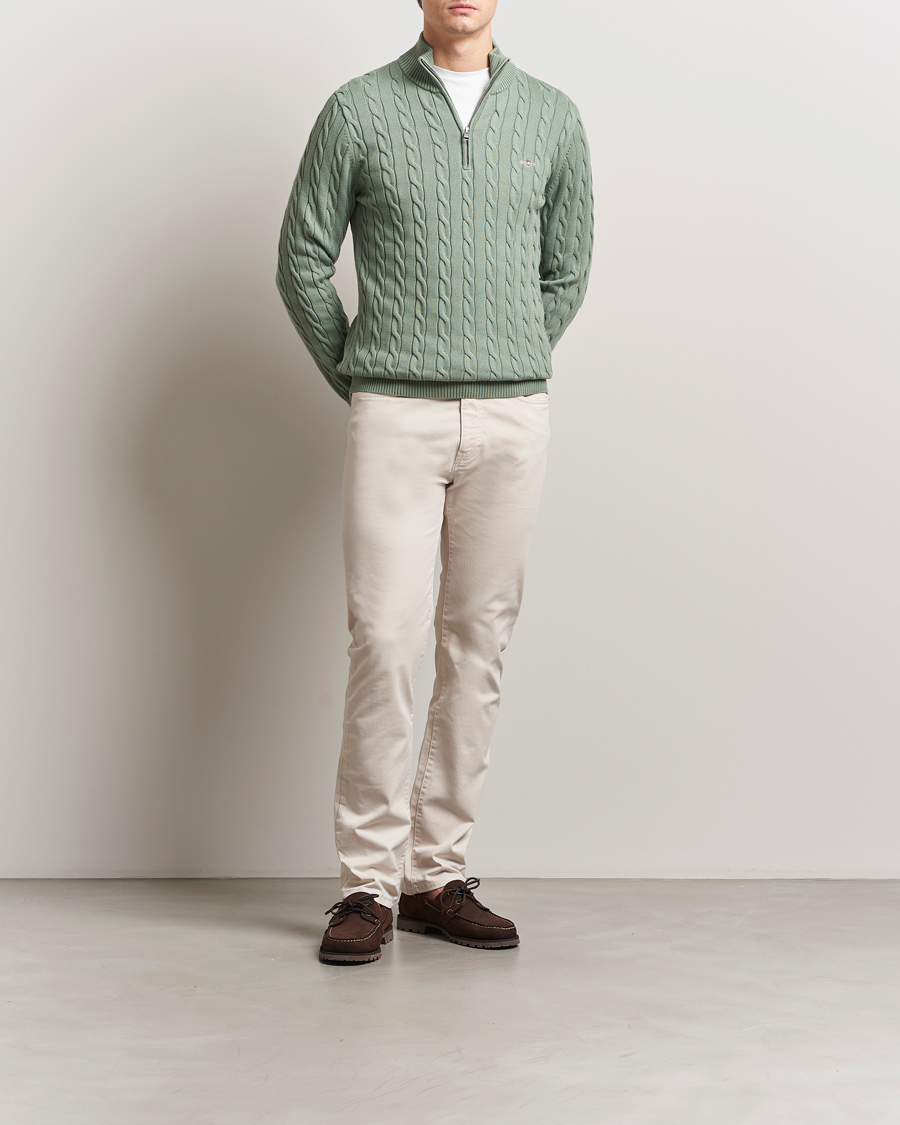 Herr | Tröjor | GANT | Cotton Cable Half Zip Kalamata Green