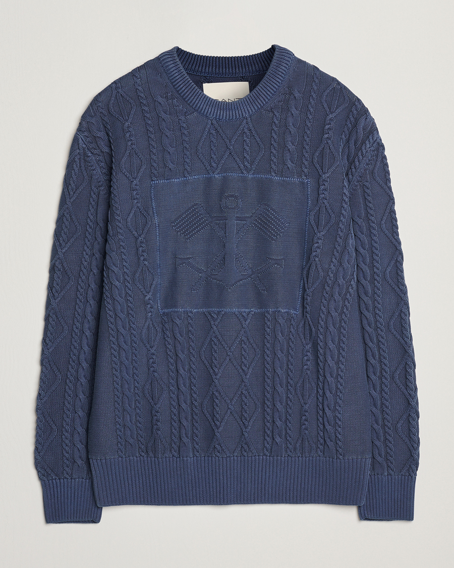 Herr | Tröjor | GANT | Aran Cable Knitted Sweater Evening Blue