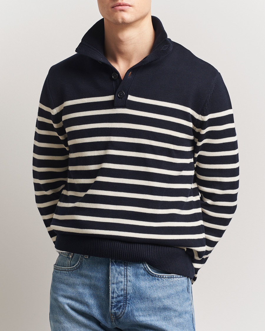 Herr | Tröjor | GANT | Cotton Striped Knitted Sweater Evening Blue