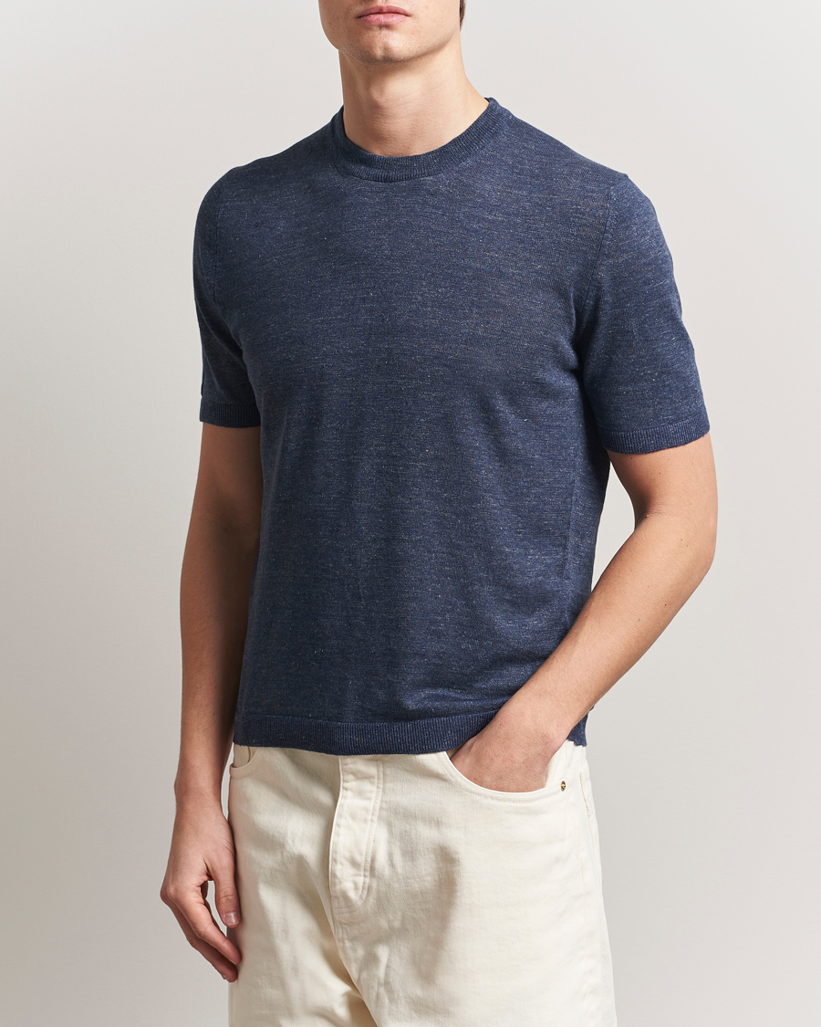 Herr | T-Shirts | Altea | Cotton/Linen Short Sleeve T-Shirt Navy