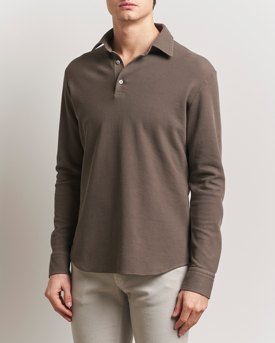 Herr | Pikéer | Zegna | Cotton Piquet Long Sleeve Polo Brown