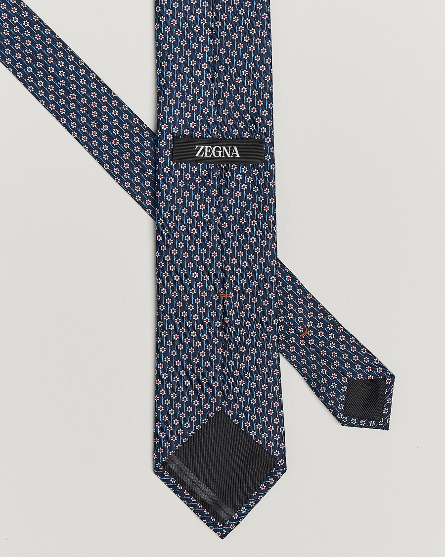 Herr | Slipsar | Zegna | Printed Flower Silk Tie Navy