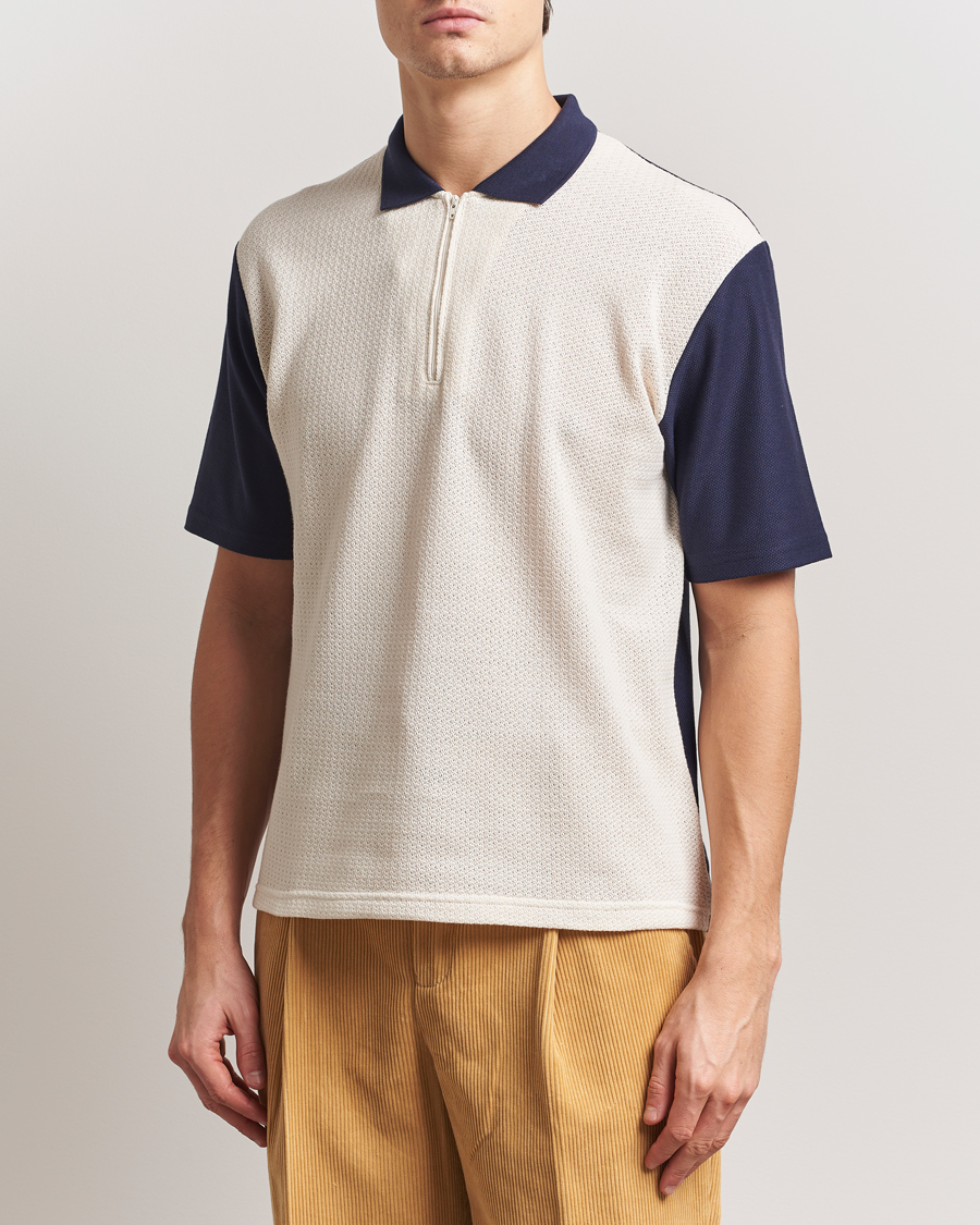 Herr | Pikéer | Palmes | Textured Zip Polo White/Navy