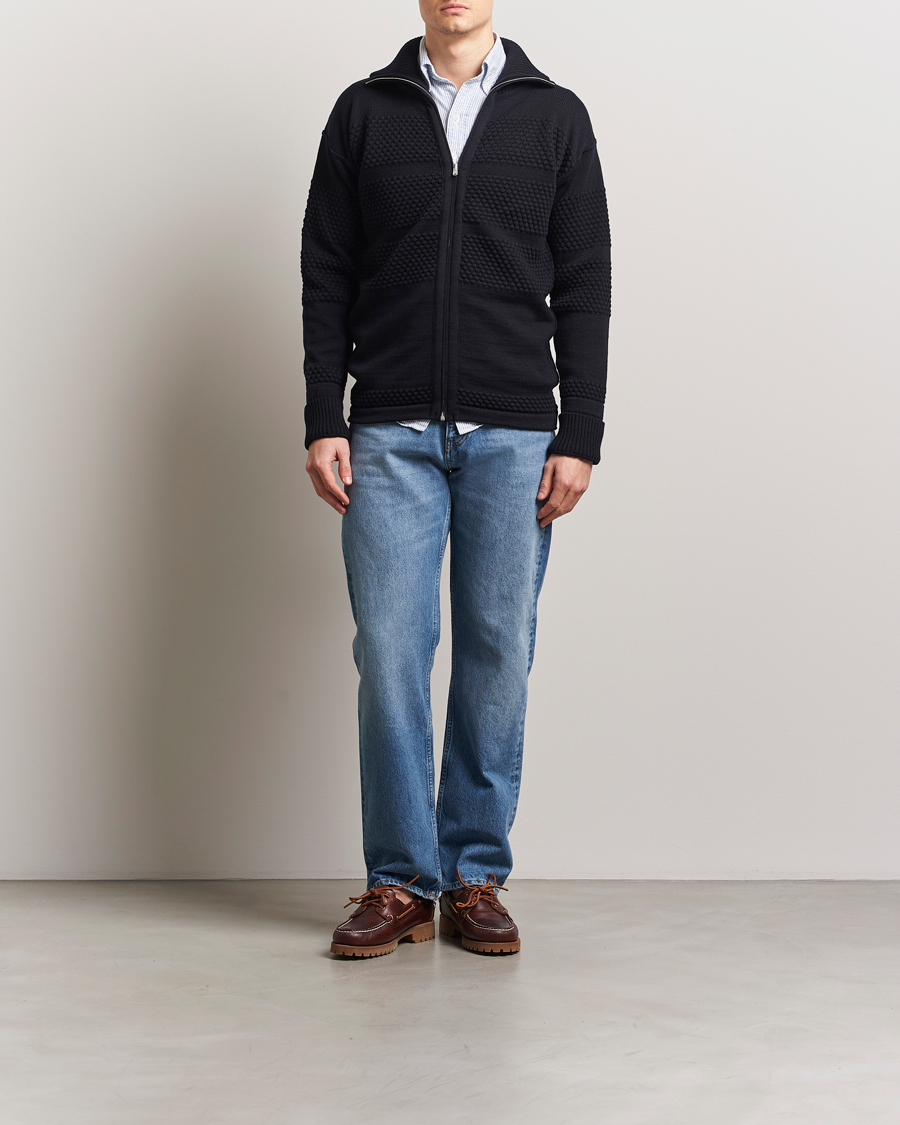 Herr | Tröjor | S.N.S. Herning | Fisherman Wool Full Zip Sweater Navy Blue
