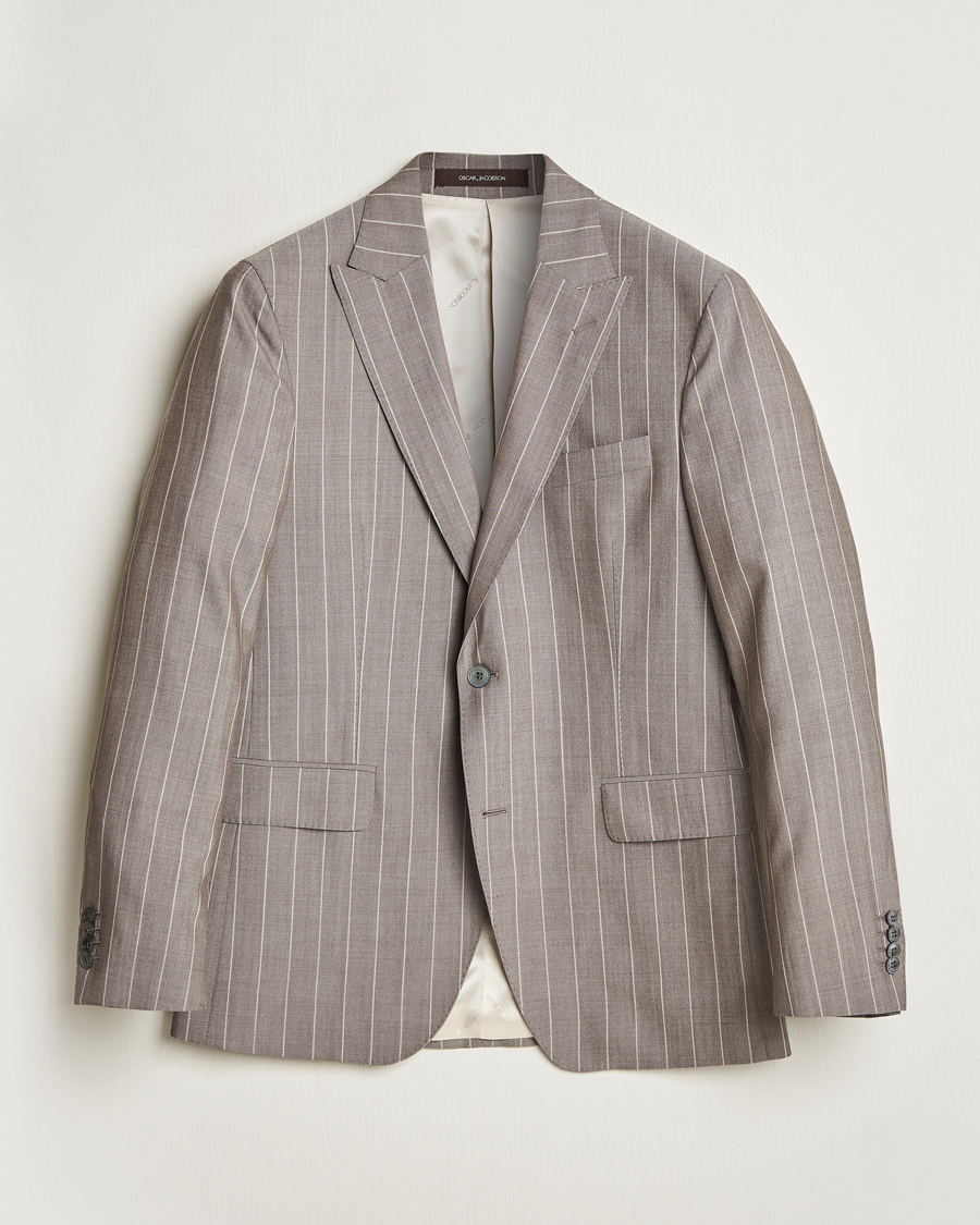 Herr | Kavajer | Oscar Jacobson | Faron Striped Super 130s Wool Blazer Beige