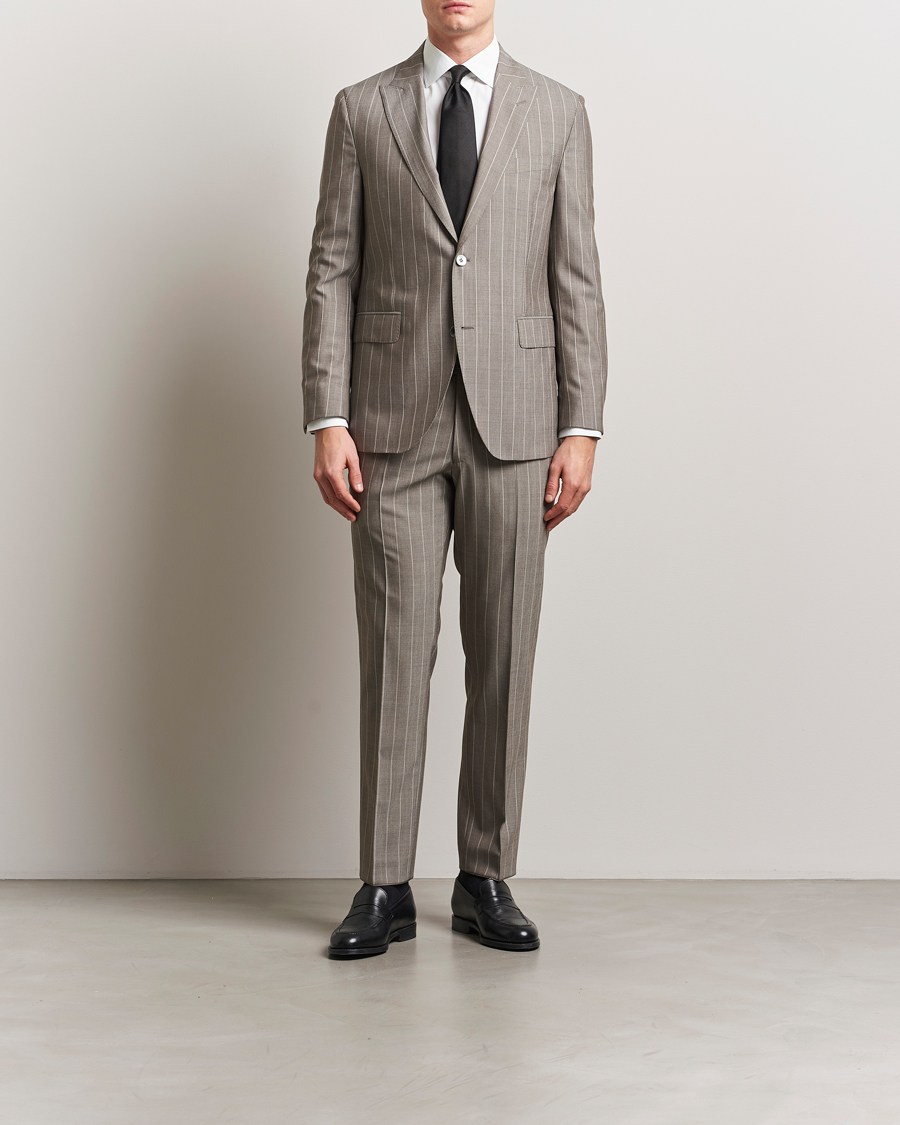 Herr | Byxor | Oscar Jacobson | Dandy Striped Super 130s Wool Trouser Beige
