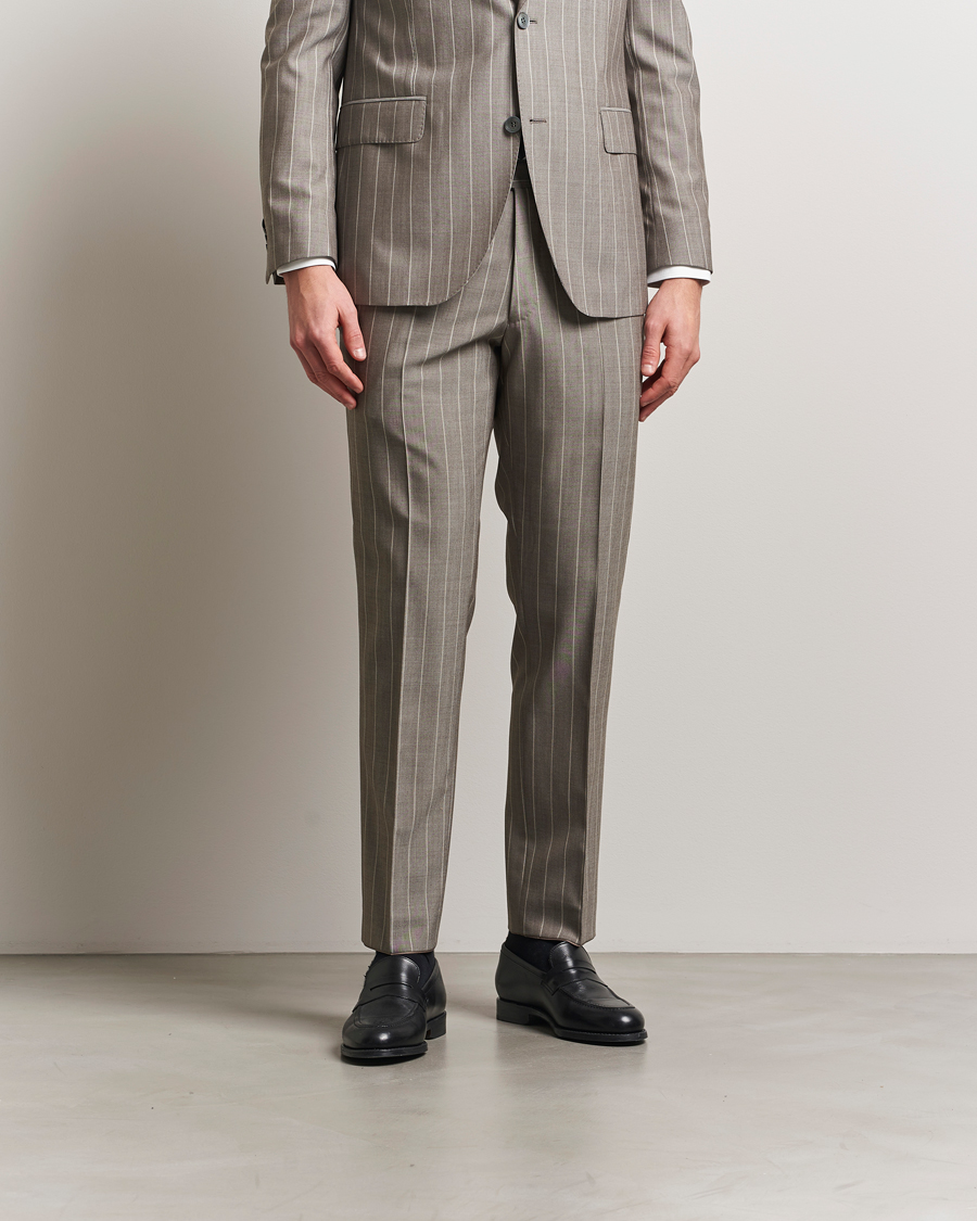 Herr | Byxor | Oscar Jacobson | Dandy Striped Super 130s Wool Trouser Beige