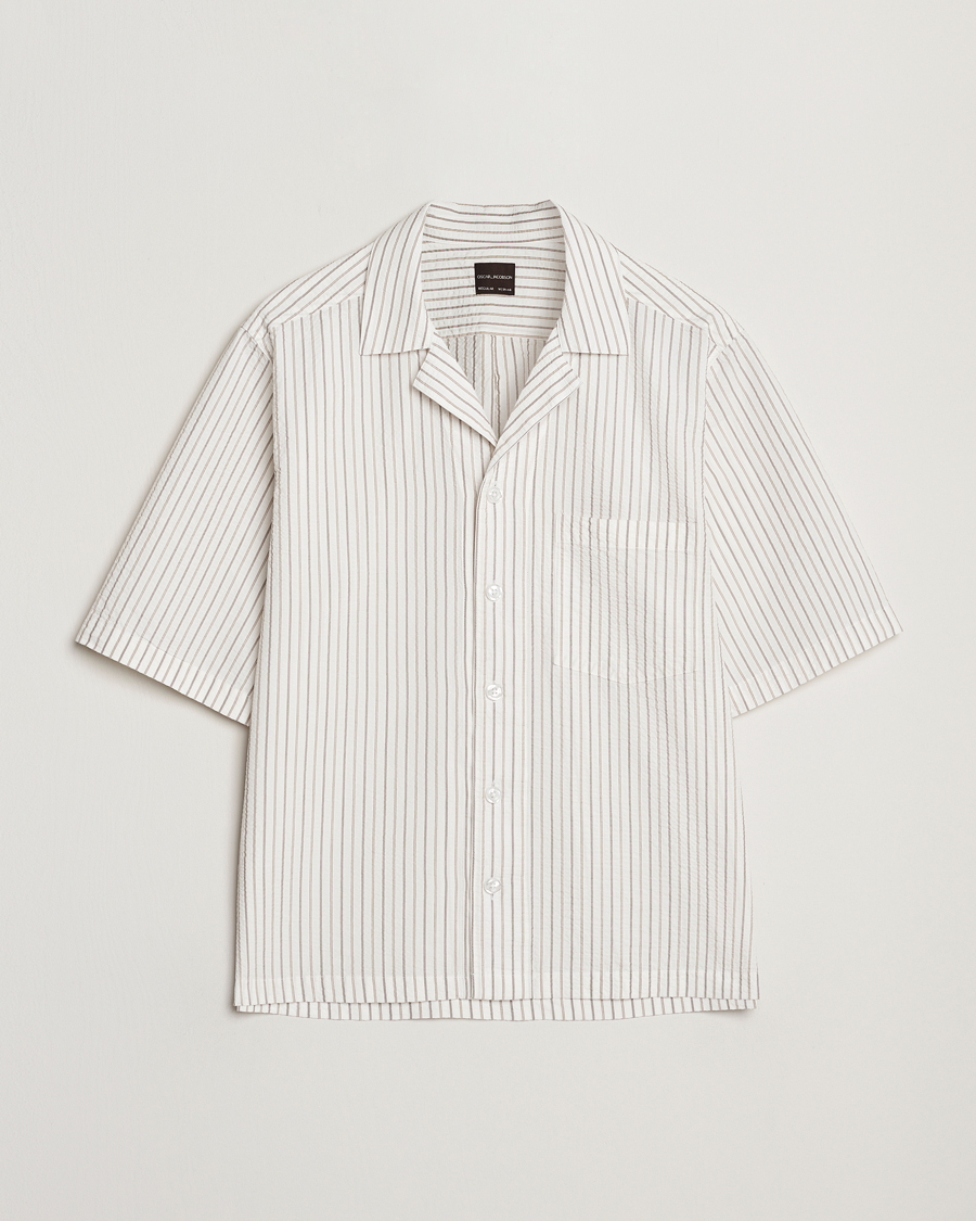 Herr | Skjortor | Oscar Jacobson | Cuban Short Sleeve Seersucker Shirt White