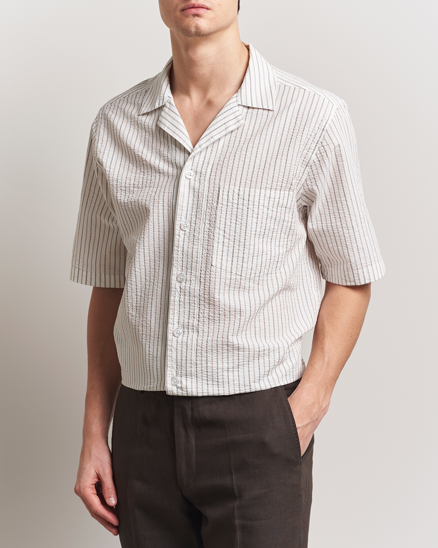 Herr | Skjortor | Oscar Jacobson | Cuban Short Sleeve Seersucker Shirt White