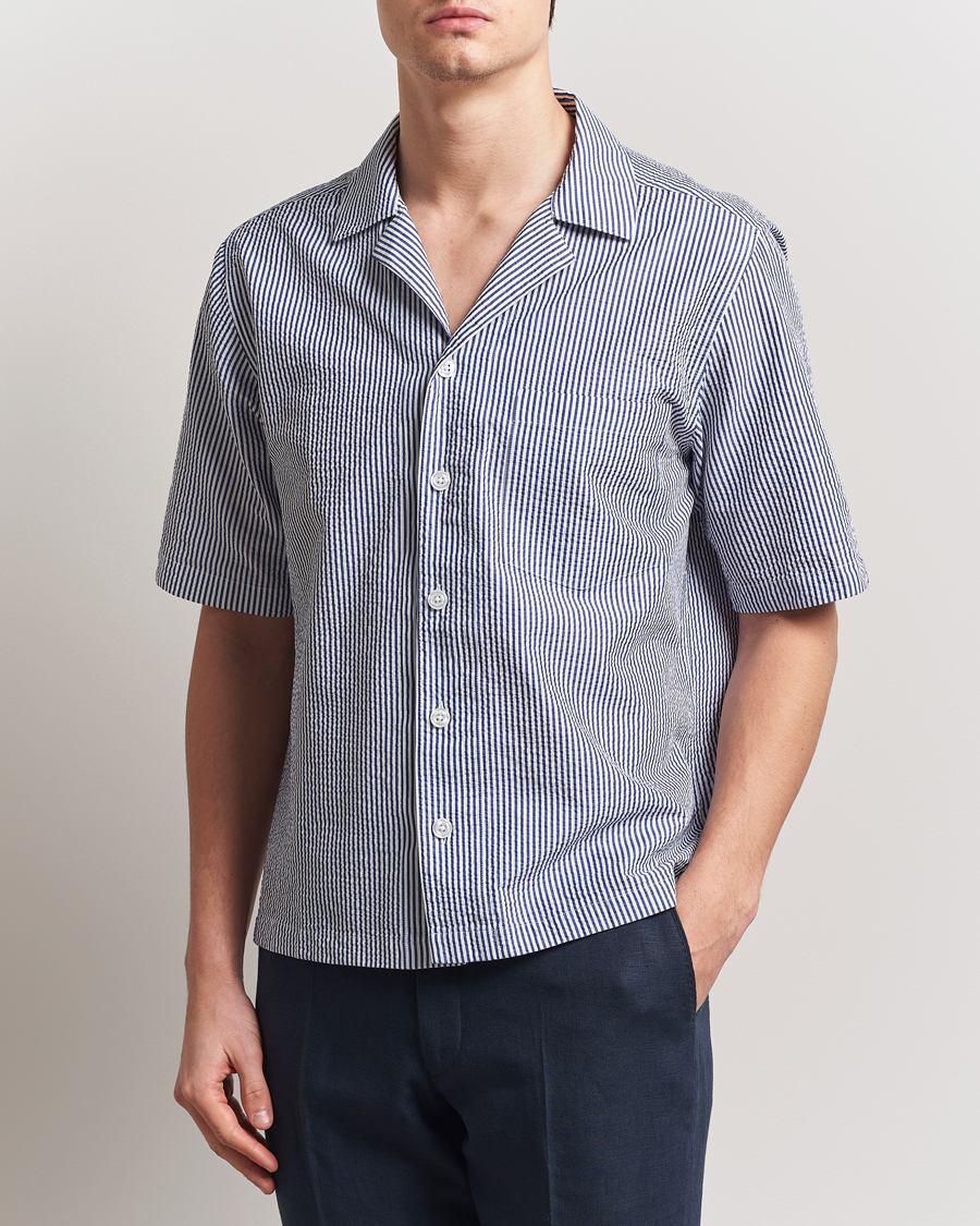 Herr | Skjortor | Oscar Jacobson | Cuban Short Sleeve Seersucker Shirt Blue/White
