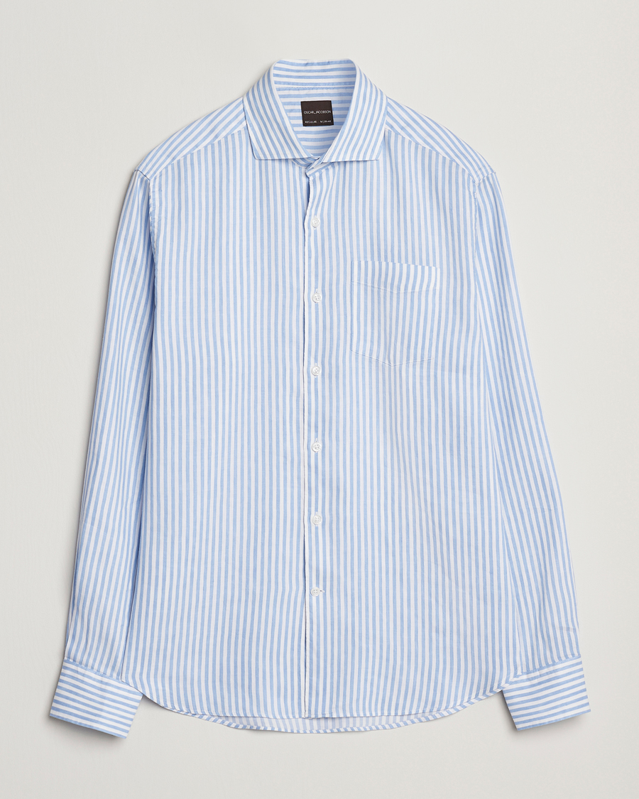 Herr | Skjortor | Oscar Jacobson | Wide Spread Linen/Cotton Venetian Stripe Shirt Blue