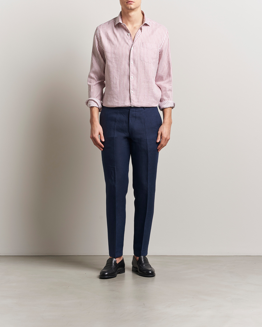 Herr | Skjortor | Oscar Jacobson | Wide Spread Linen/Cotton Venetian Stripe Shirt Red