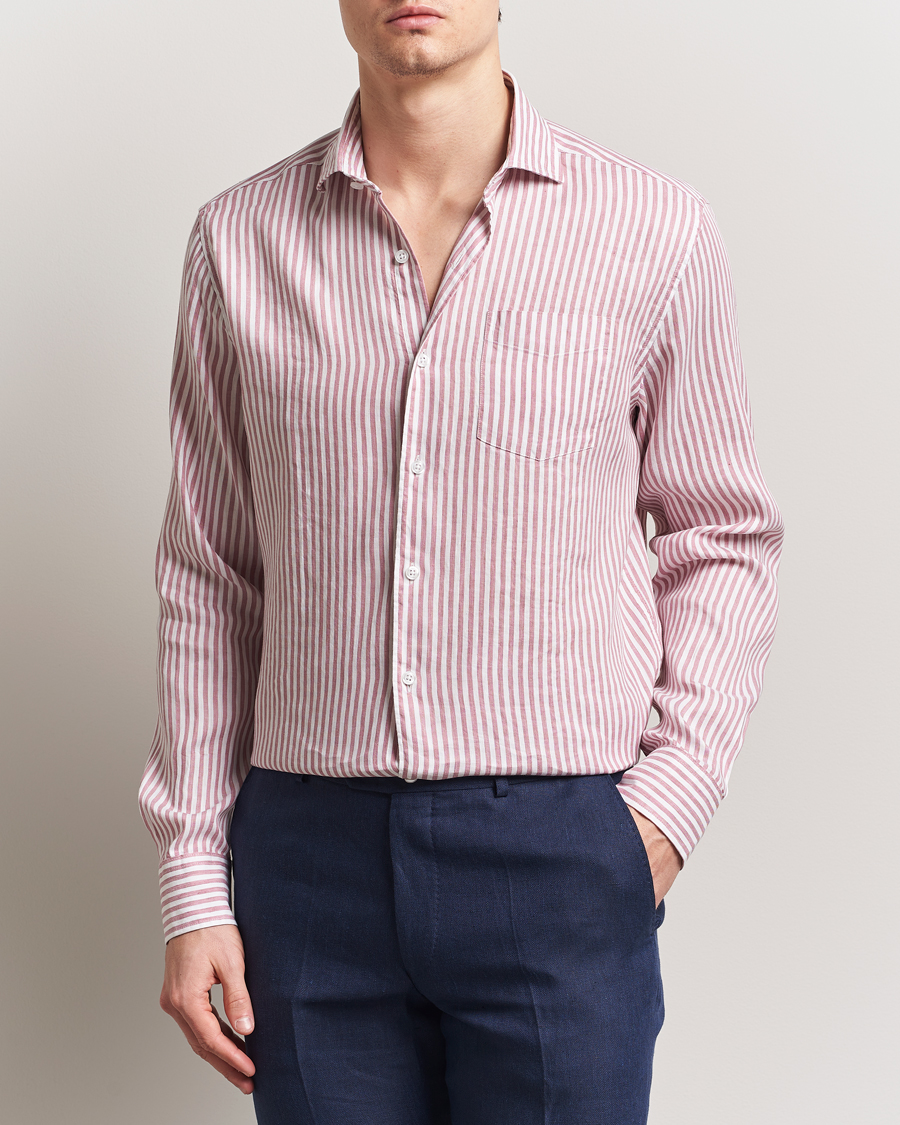 Herr | Skjortor | Oscar Jacobson | Wide Spread Linen/Cotton Venetian Stripe Shirt Red