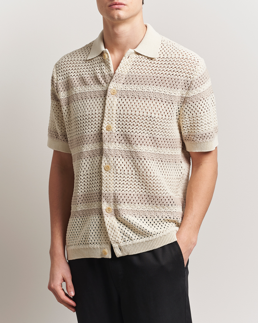 Herr | Skjortor | LES DEUX | Gianni Striped Knitted Short Sleeve Shirt Ivory
