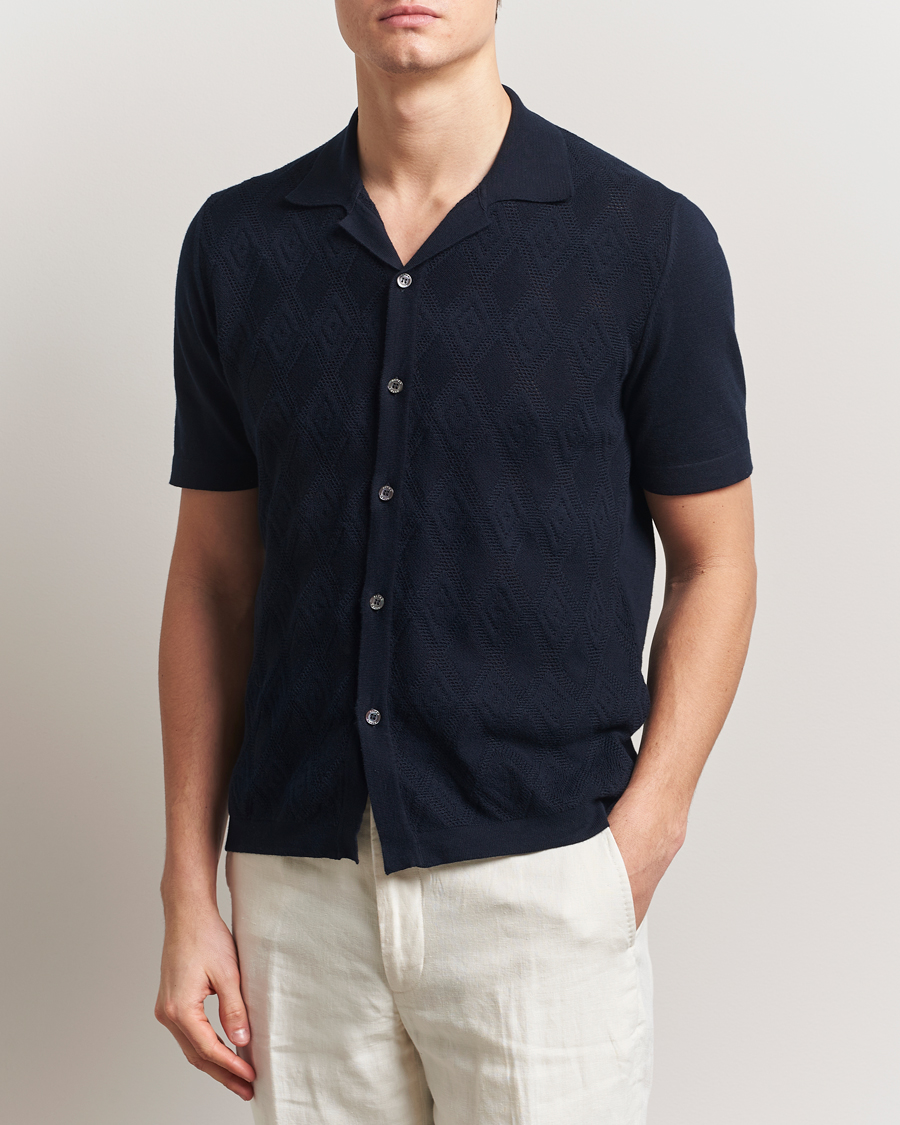 Herr | Skjortor | Altea | Jacquard Knit Camp Shirt Navy