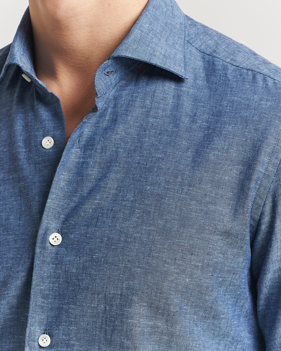 Herr | Skjortor | Mazzarelli | Soft Linen Cut Away Shirt Dark Blue