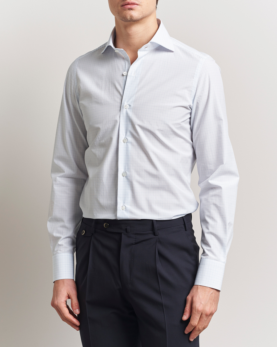 Herr | Skjortor | Finamore Napoli | Milano Slim Popeline Check Shirt Light Blue