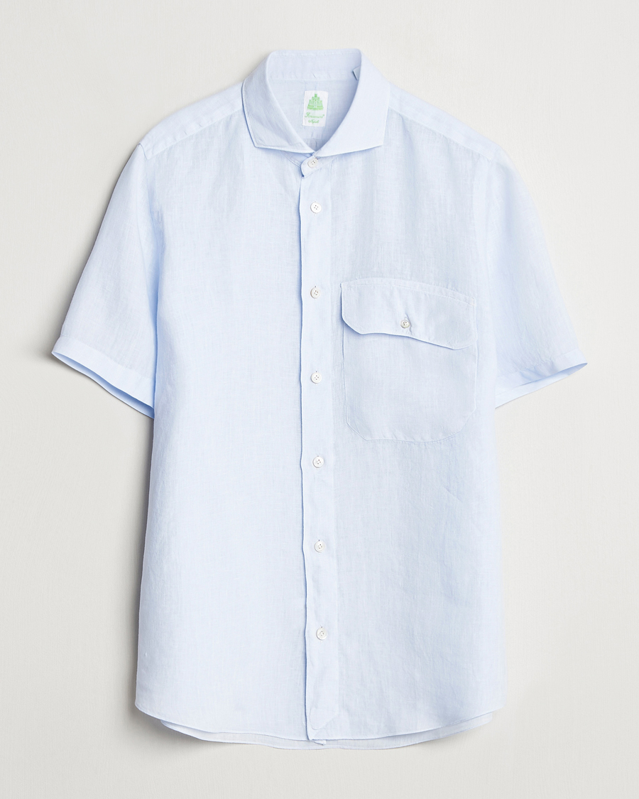 Herr | Skjortor | Finamore Napoli | Linen Short Sleeve Sport Shirt Light Blue