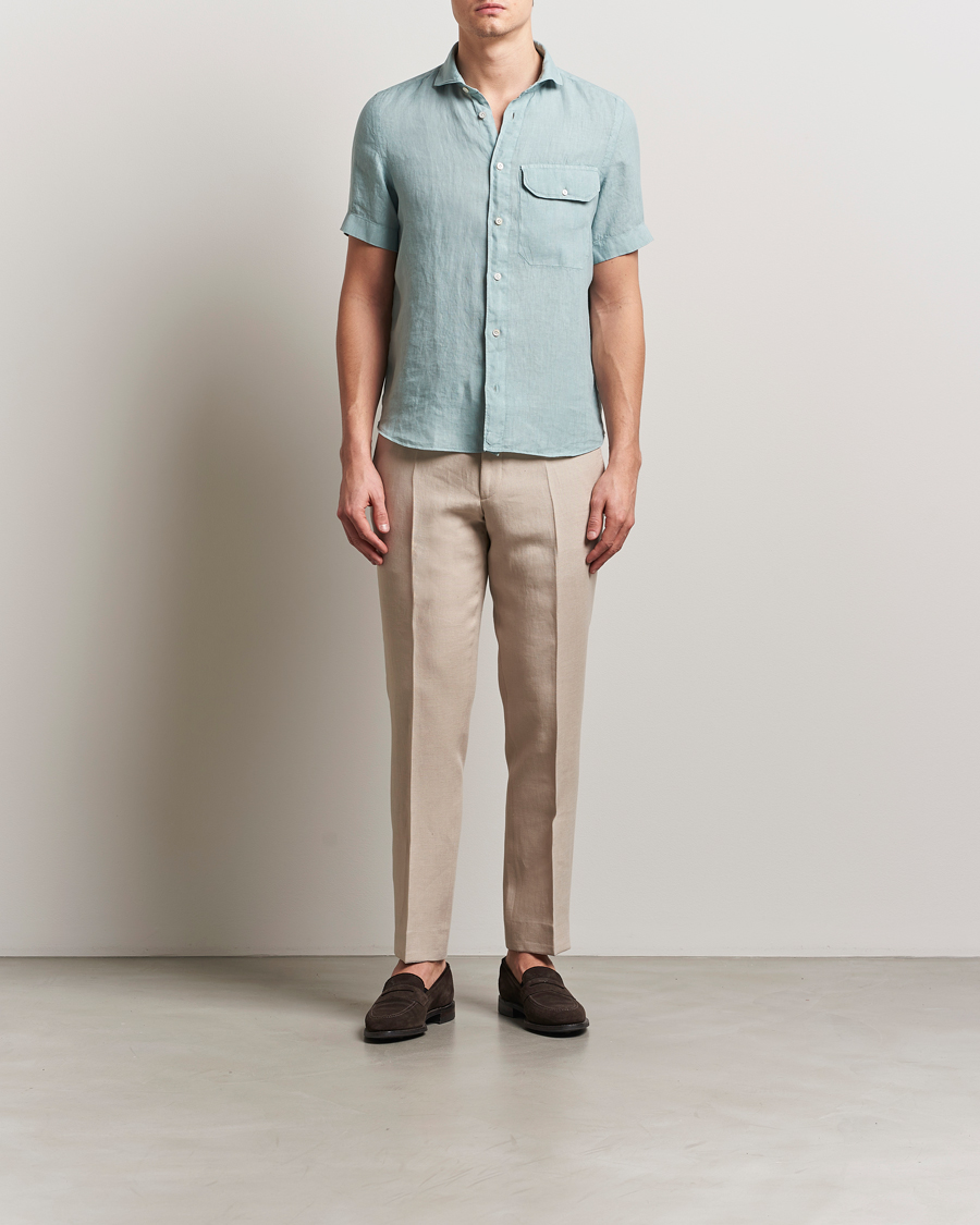 Herr | Skjortor | Finamore Napoli | Linen Short Sleeve Sport Shirt Teal