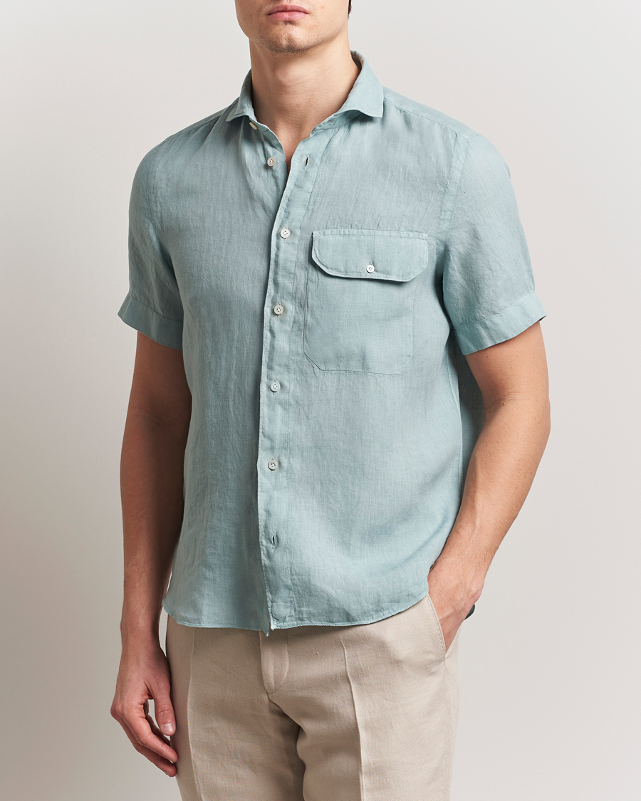 Herr | Skjortor | Finamore Napoli | Linen Short Sleeve Sport Shirt Teal