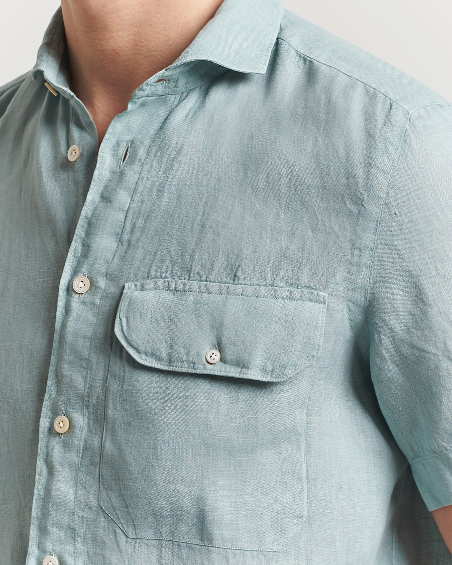 Herr | Skjortor | Finamore Napoli | Linen Short Sleeve Sport Shirt Teal