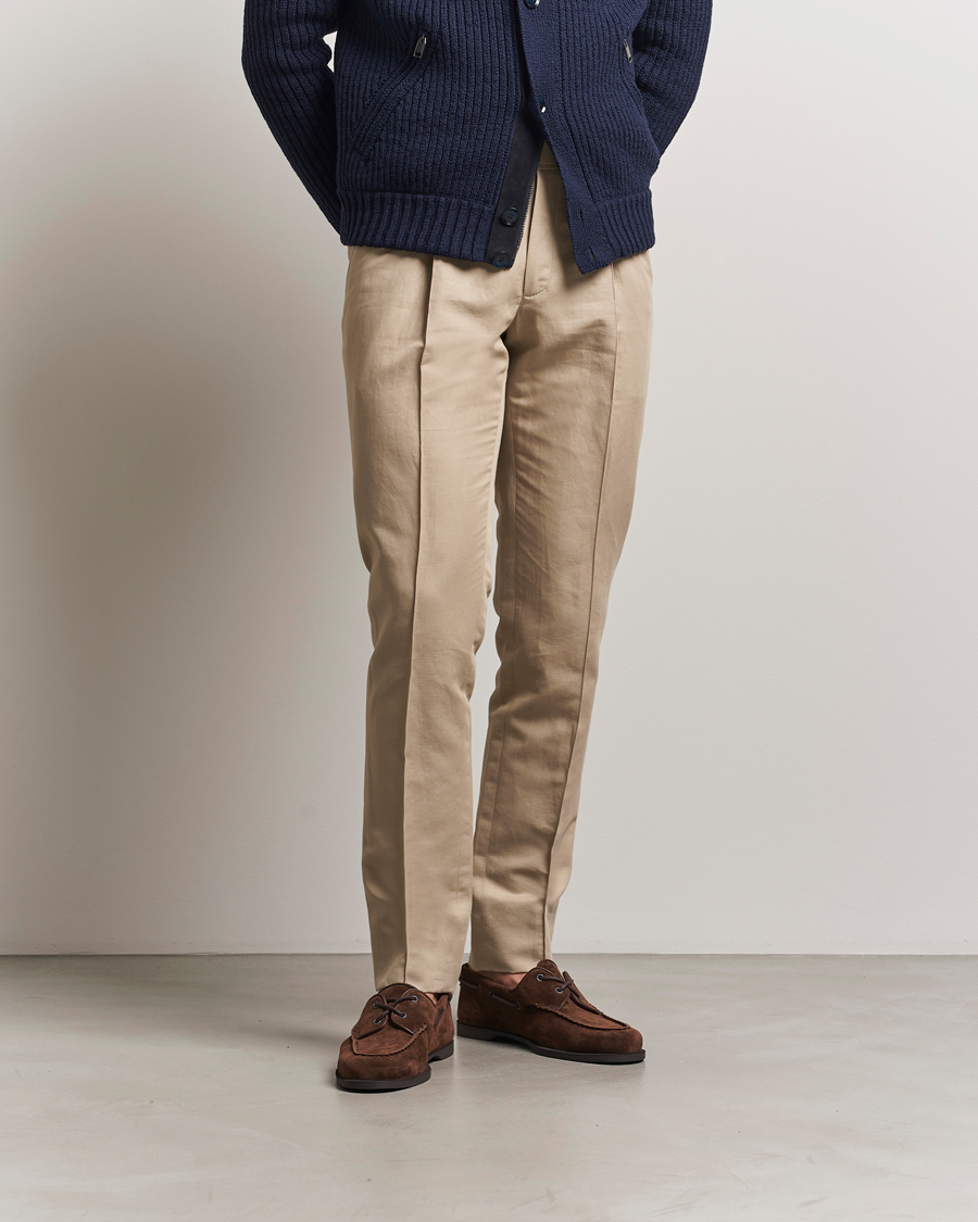 Herr | Byxor | Brioni | Cotton/Linen Pleated Trousers Beige