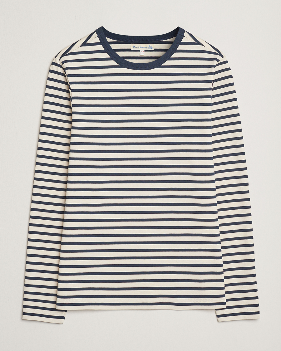 Herr | T-Shirts | Merz b. Schwanen | Relaxed Fit Striped Long Sleeve T-Shirt Ink/Nature