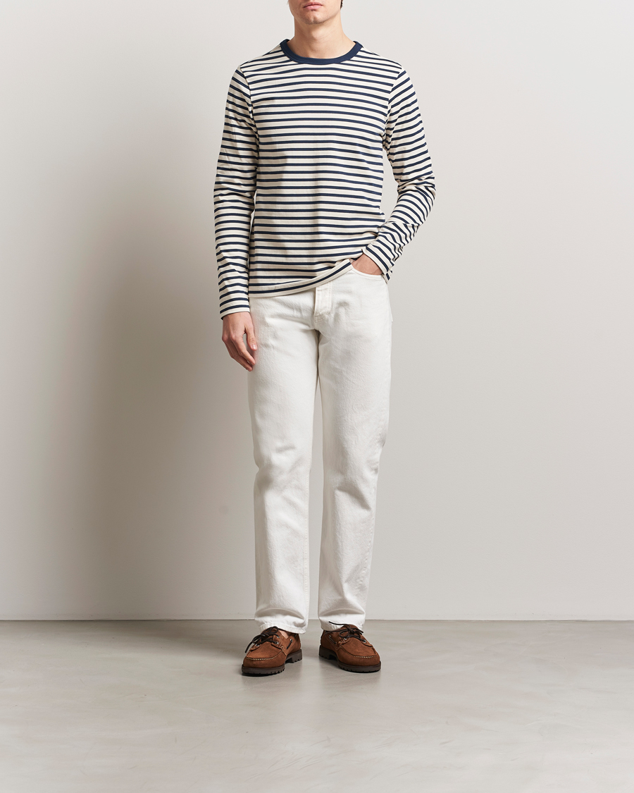 Herr | T-Shirts | Merz b. Schwanen | Relaxed Fit Striped Long Sleeve T-Shirt Ink/Nature