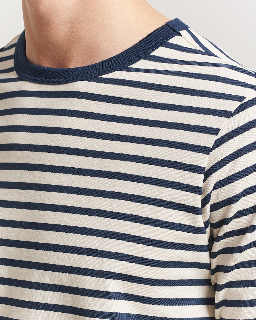 Herr | T-Shirts | Merz b. Schwanen | Relaxed Fit Striped Long Sleeve T-Shirt Ink/Nature