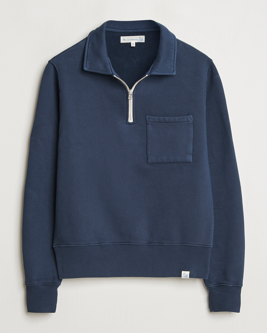 Herr | Tröjor | Merz b. Schwanen | Relaxed Fit Vintage Fleece Half Zip Sweat Denim Blue