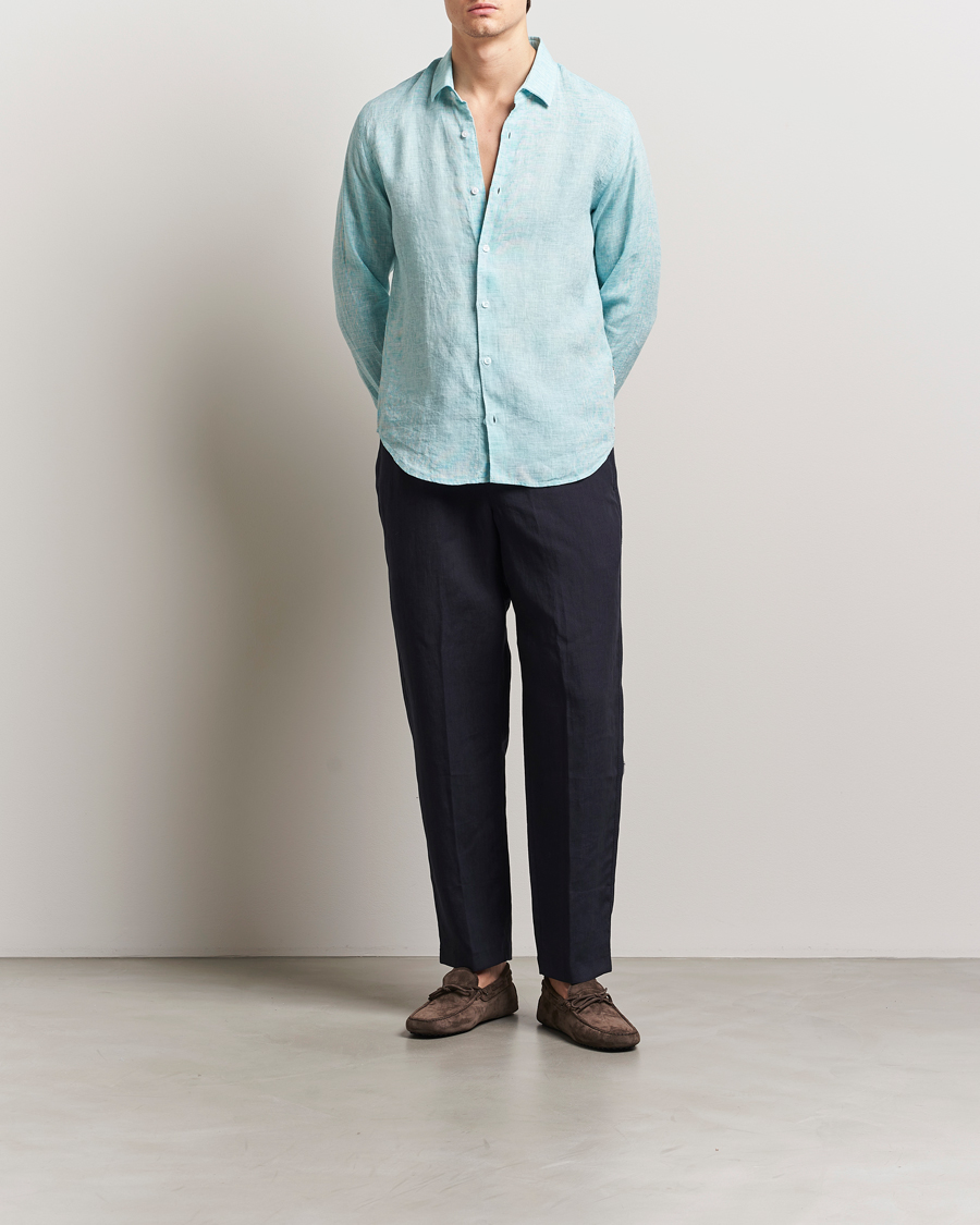 Herr | Skjortor | Orlebar Brown | Giles Long Sleeve Linen Shirt Aqua Blue/White