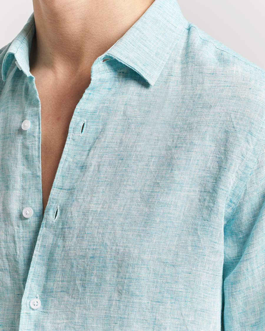 Herr | Skjortor | Orlebar Brown | Giles Long Sleeve Linen Shirt Aqua Blue/White