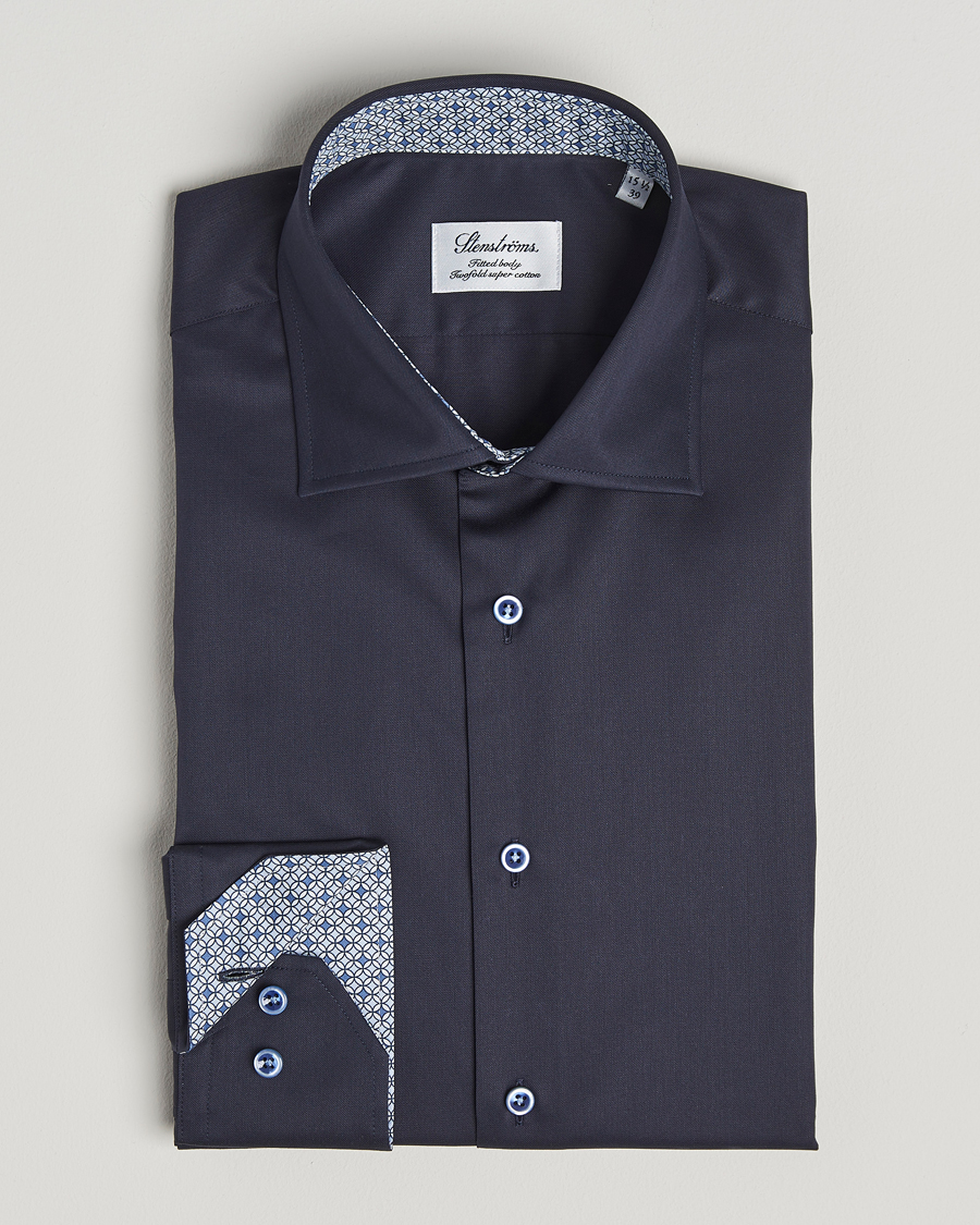 Herr | Skjortor | Stenströms | Fitted Body Contrast Cotton Twill Shirt Navy