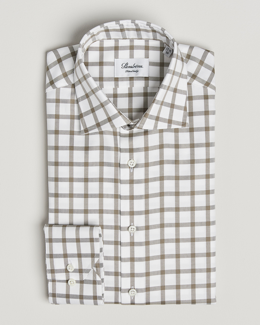 Herr | Skjortor | Stenströms | Fitted Body Checked Cut Away Shirt Taupe/White