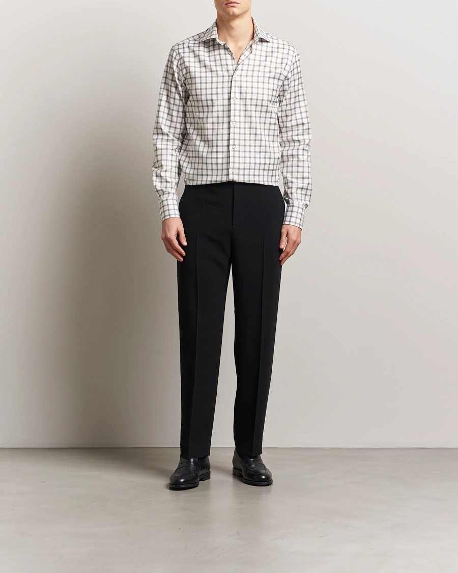 Herr | Skjortor | Stenströms | Fitted Body Checked Cut Away Shirt Taupe/White