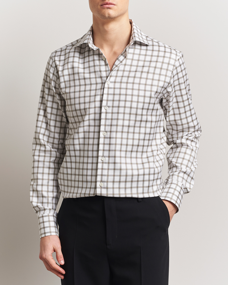 Herr | Skjortor | Stenströms | Fitted Body Checked Cut Away Shirt Taupe/White