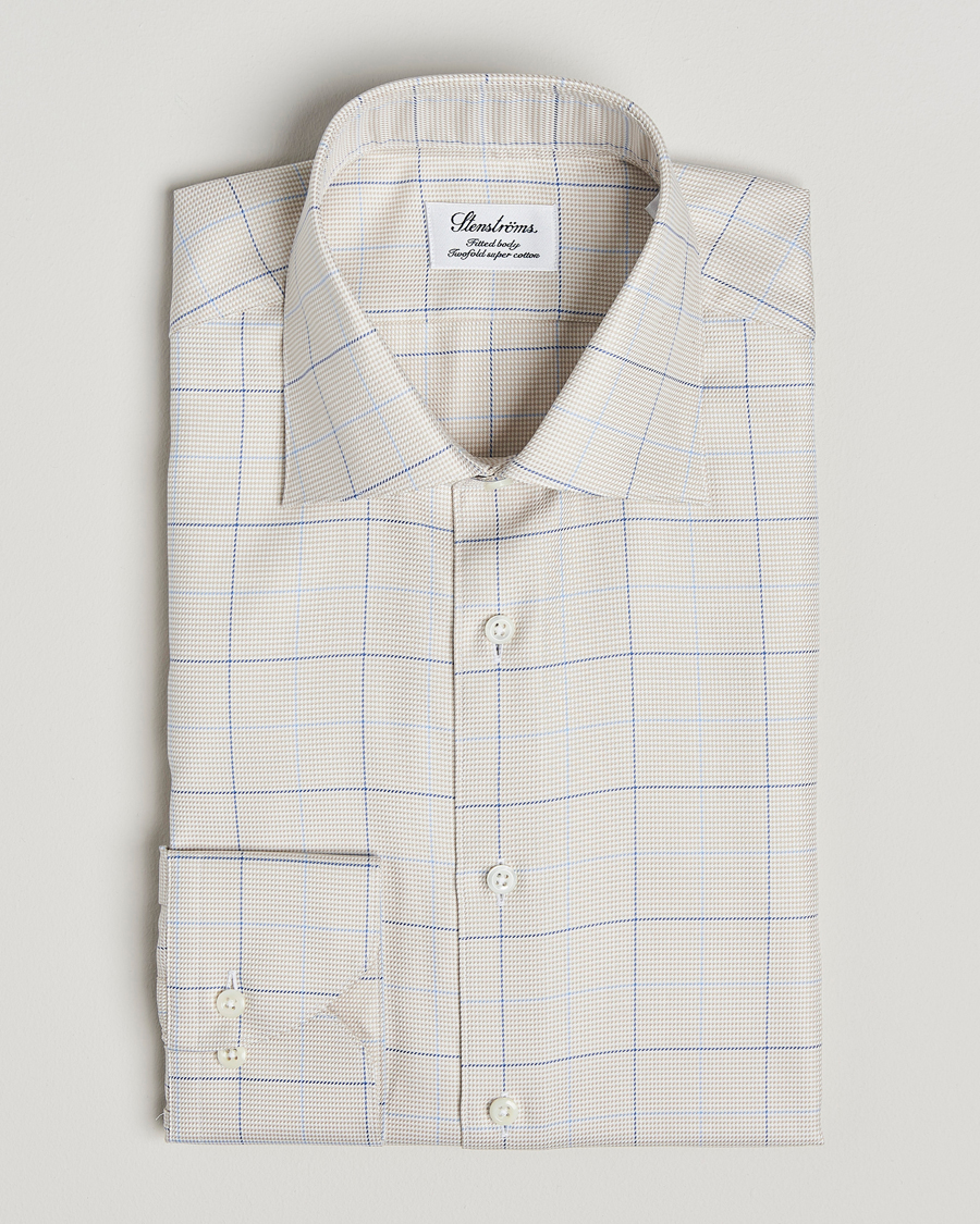Herr | Skjortor | Stenströms | Fitted Body Checked Houndstooth Shirt Taupe