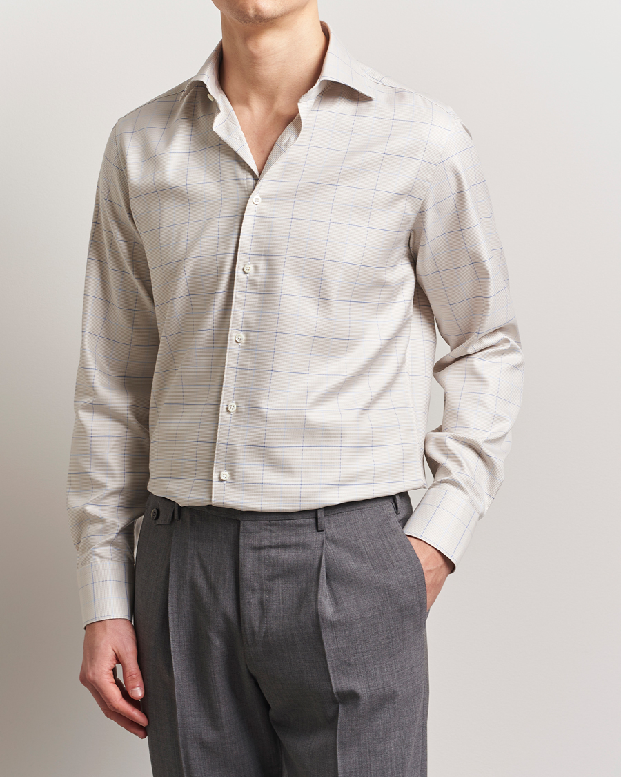 Herr | Skjortor | Stenströms | Fitted Body Checked Houndstooth Shirt Taupe