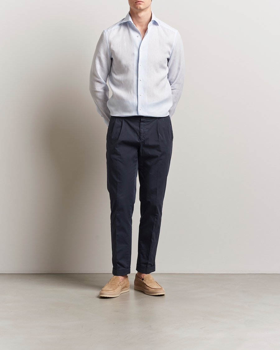 Herr | Skjortor | Stenströms | 1899 Slimline Linen One Piece Collar Shirt Blue